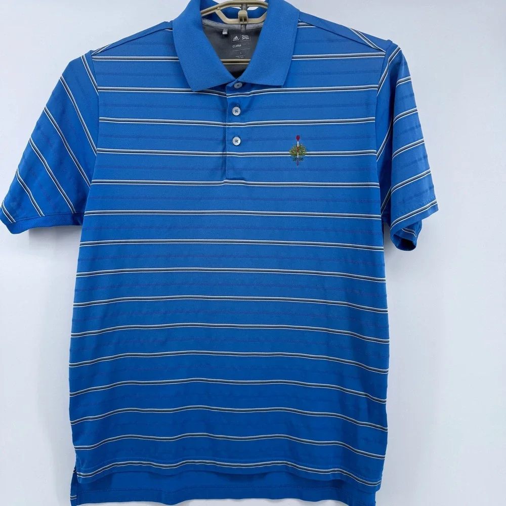Adidas Golf Polo Shirt Men's Large Blue Striped ClimaCool Short Sleeve Merion CC